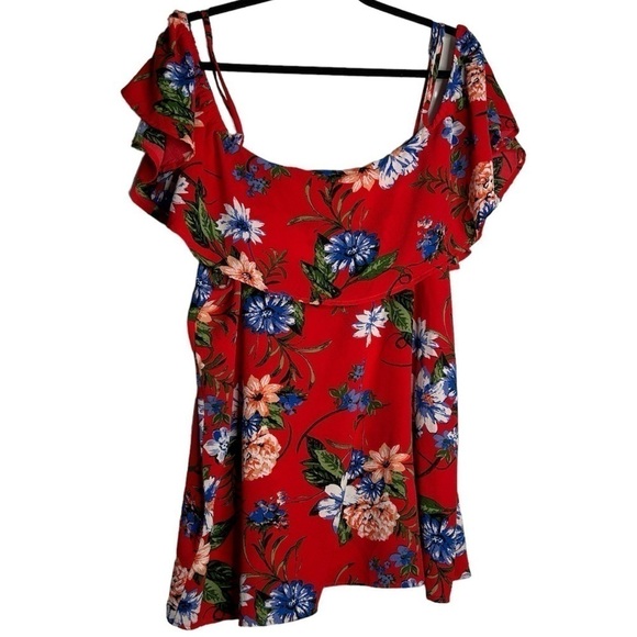 Umgee Cold Shoulder Top Red Floral blouse plus size 2X - Picture 4 of 7